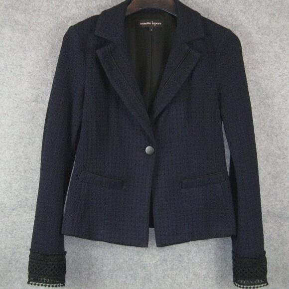 Nanette Lepore Blazer Jacket With Lace Cuffs Navy Size 4 - Picture 1 of 7